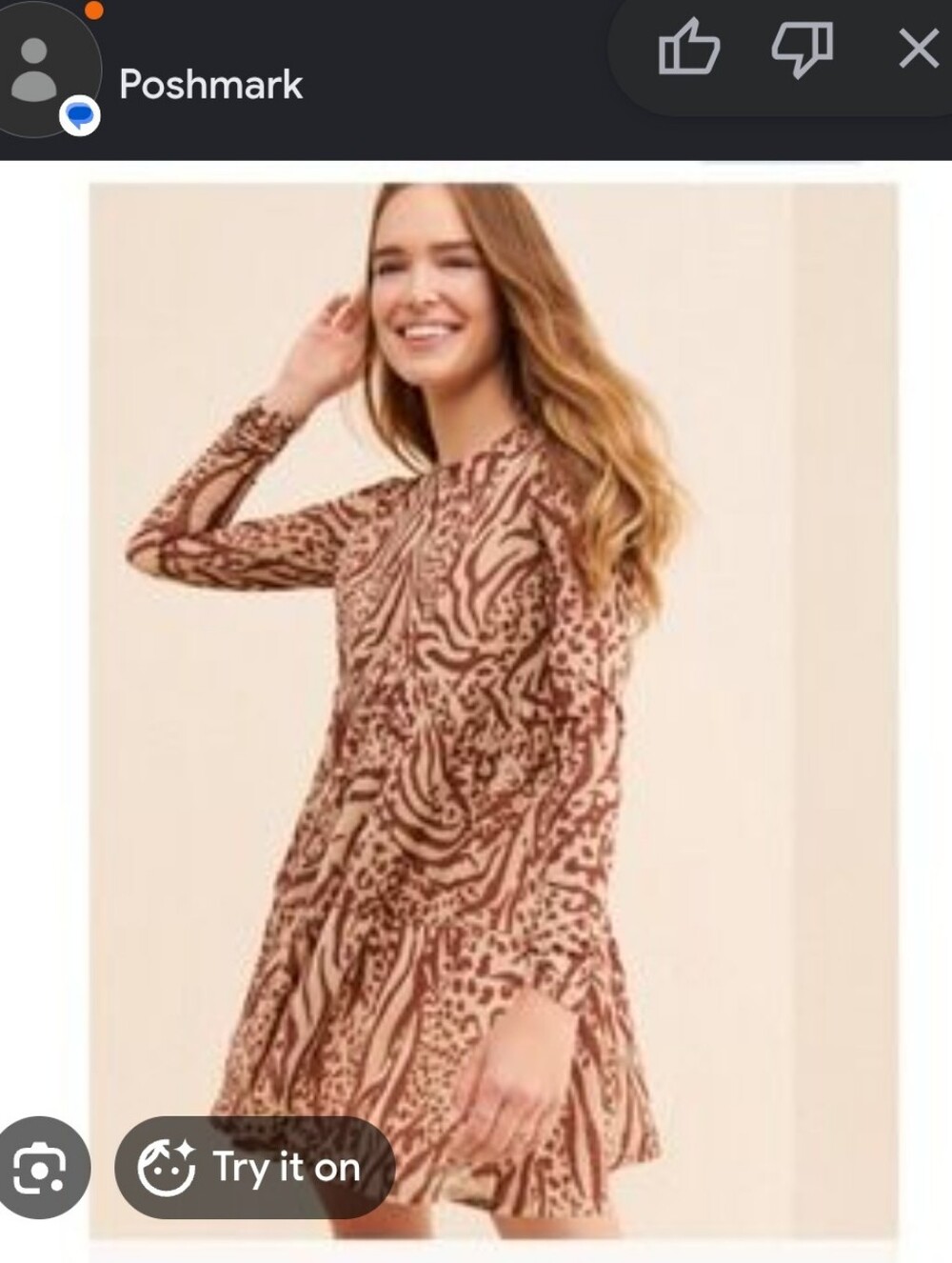 AFRM Brown and Cream Zebra-Print Long Sleeve Mini Dress